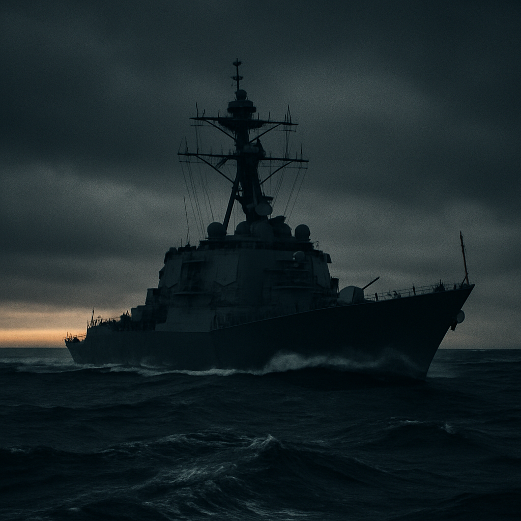 A Navy destroyer cutting through dark ocean swells at dusk